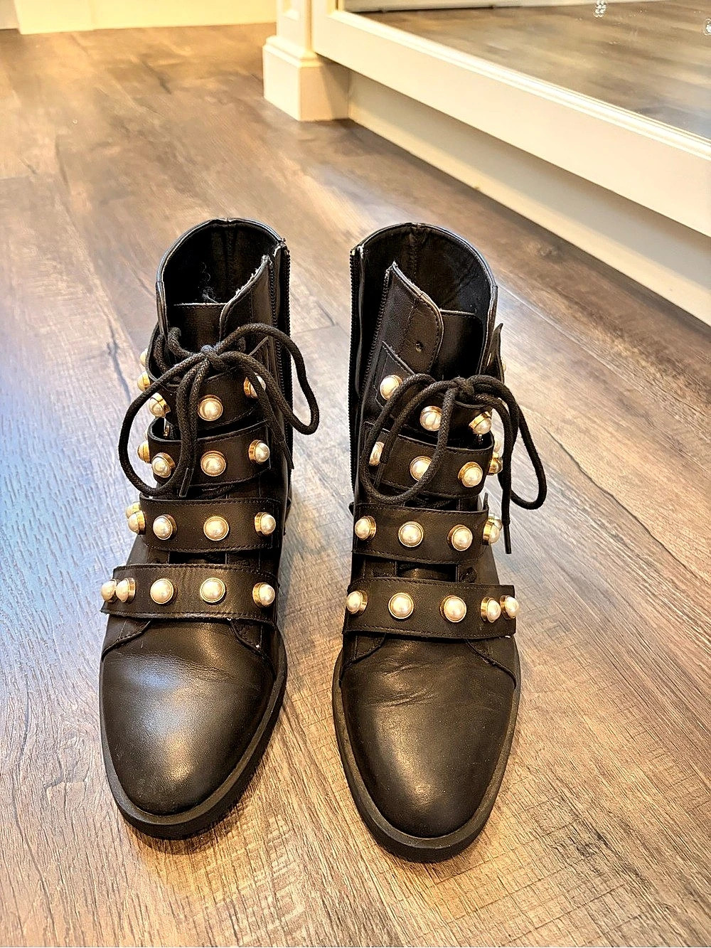 Blogger favorite Zara Pearl Studded Combat Boots Studded Combat Boots in Black